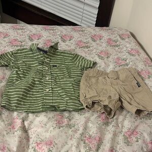 Green Striped Shirt and Tan Shorts Set